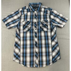 CHALC Y2K Plaid‎ Button Up Shirt Blue Gray Mens Medium